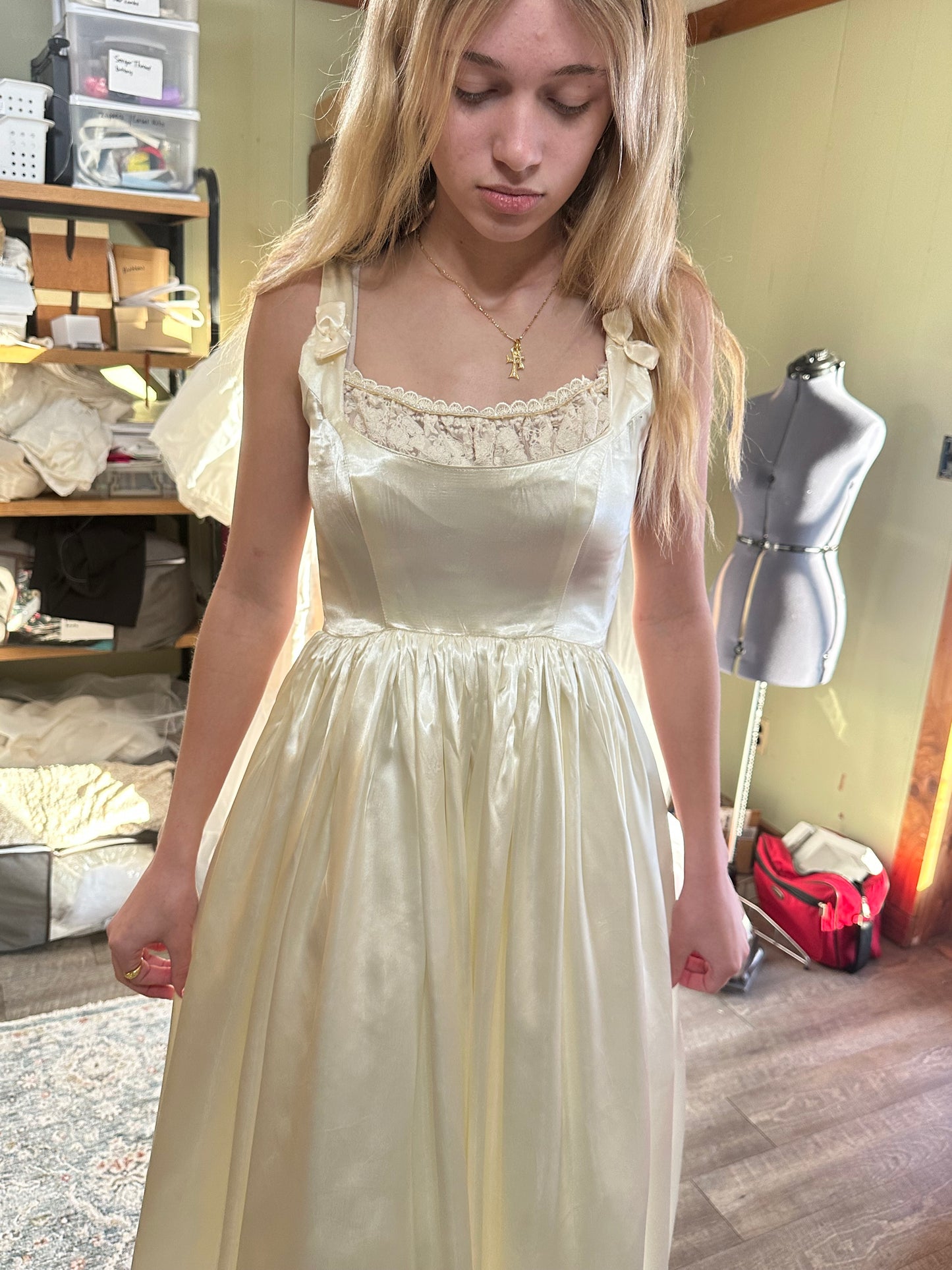 Fifer is a unique reworked ivory wedding dress of satin